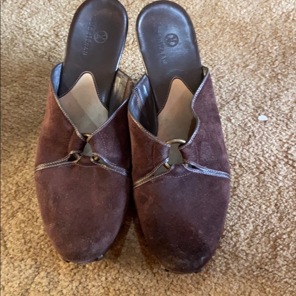 Cole Hahn brown suede clogs